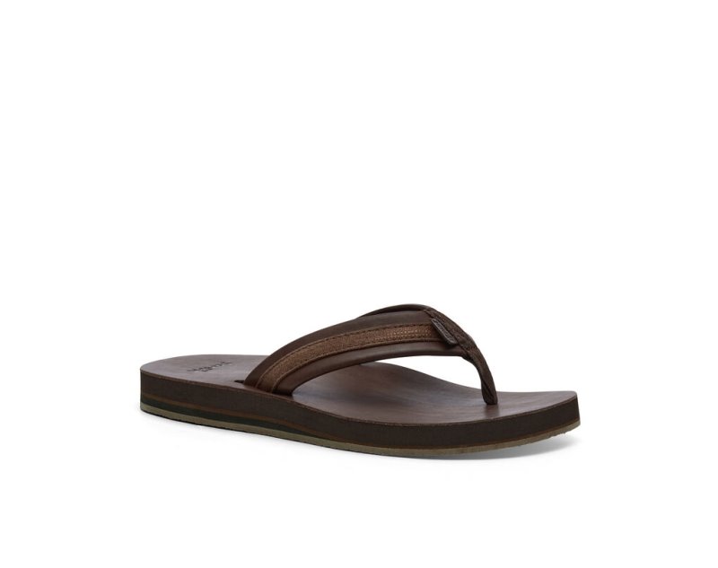 Sanuk Hullsome Leather St Hemp Men's Flip Flops Dark Brown | Canada 296EBC